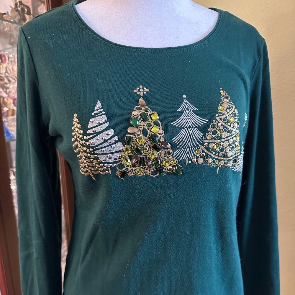 Karen Scott S Christmas Tree Printed Top Spruce Night Dark Green 100% Cotton
